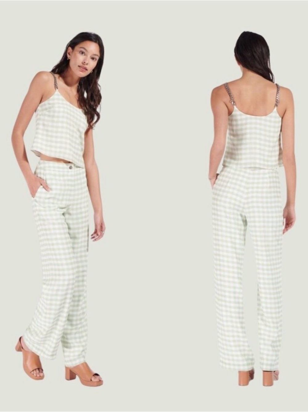 STAUD Light Green Gingham Wide-Leg Pants
